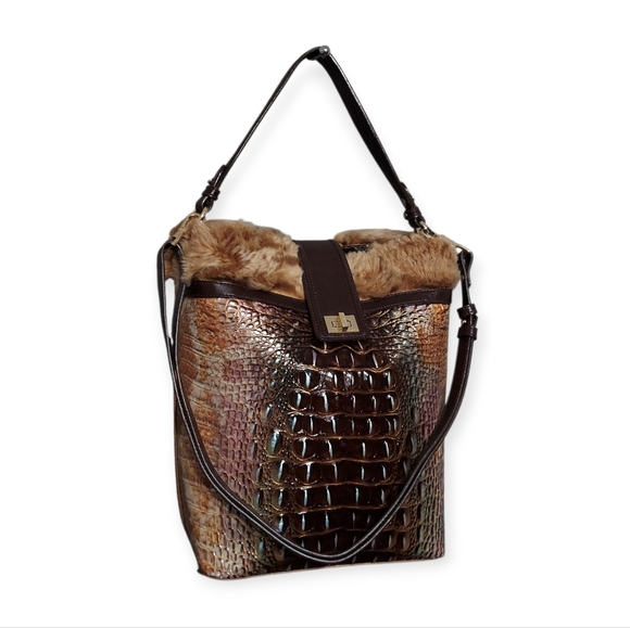 Brahmin Shira Genuine Shearling Croc Embossed Leather Bucket Shoulder Bag EUC - Picture 4 of 13